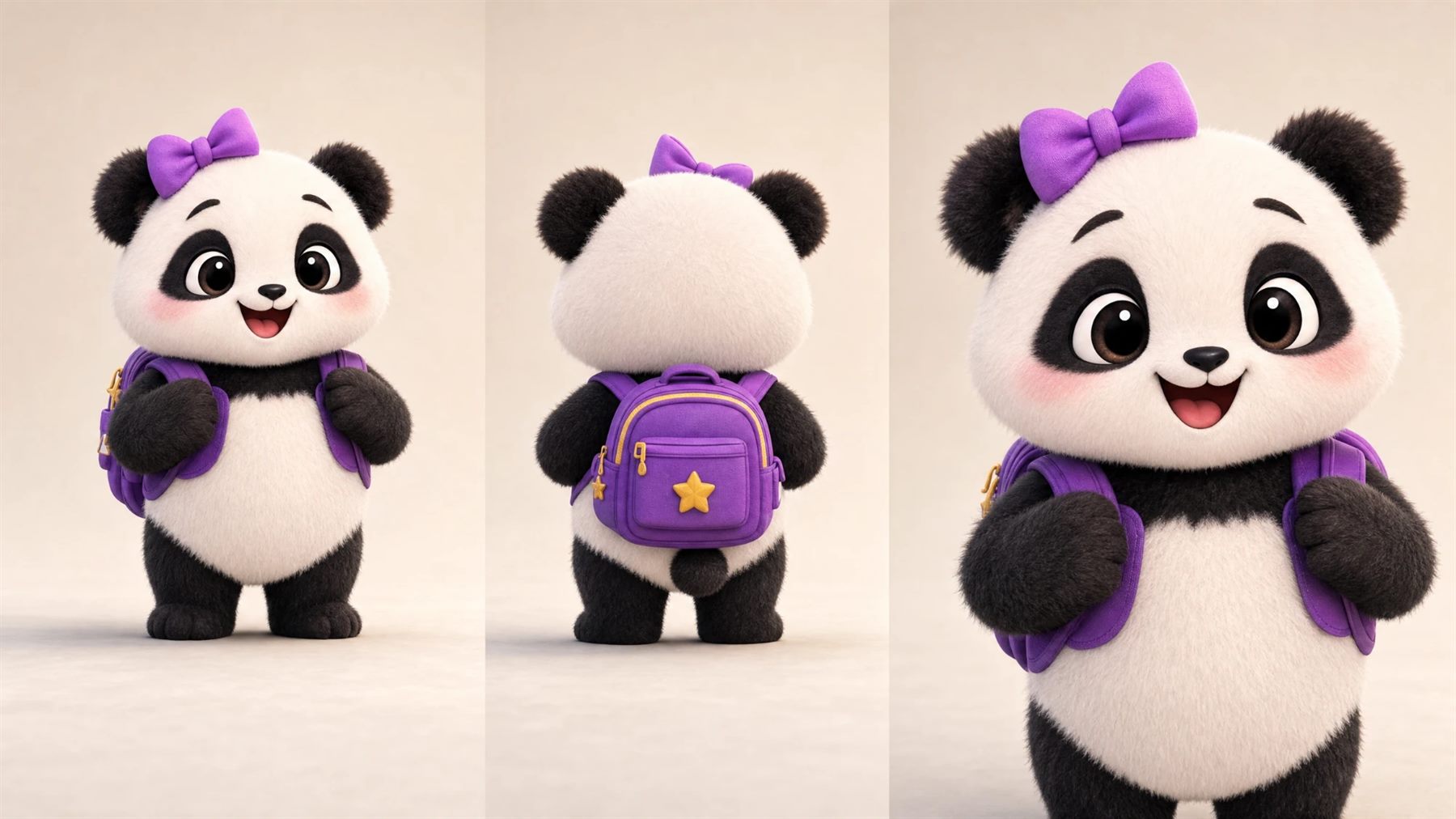 Violet the panda with her purple bow and star backpack